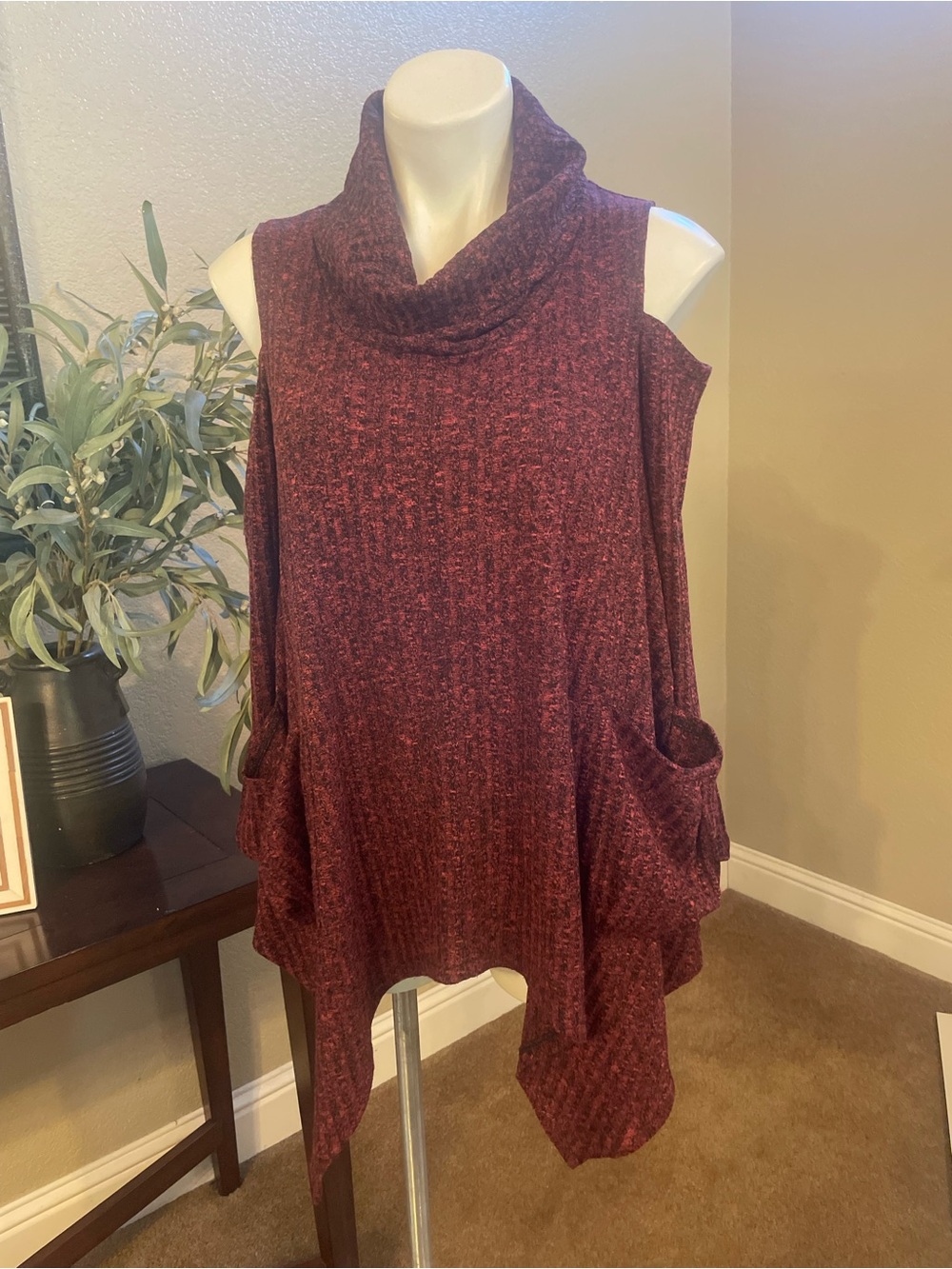 Cozy Cold-Shoulder Cowl Neck Sweater Tunic - Burgundy